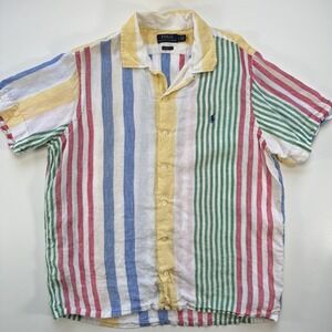 POLO RALPH LAUREN Short Sleeve Camp Collar Linen Shirt Mens Large Classic Stripe